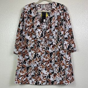 IT FIGURES Brown White Floral Empire Waist Swimsuit Cover Women's size L NWT's